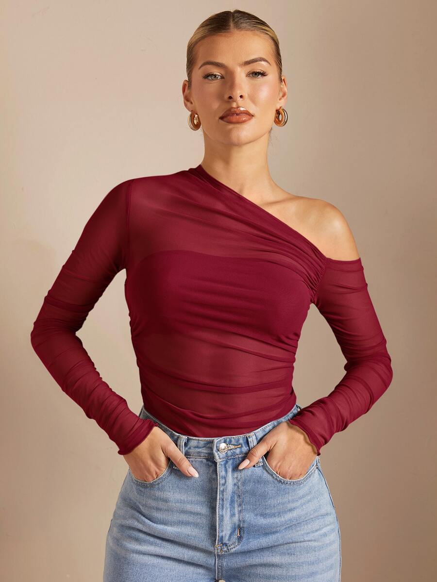 SHEIN BAE 女式纯色不对称褶皱透视修身上衣,适合秋季 - 酒紅色 - 查看 1