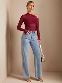 SHEIN BAE 女式纯色不对称褶皱透视修身上衣，适合秋季 - 酒紅色 - 查看 5