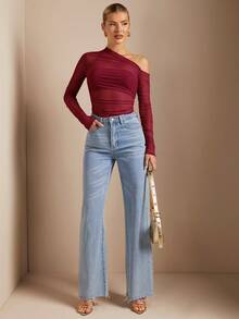 SHEIN BAE 女式纯色不对称褶皱透视修身上衣，适合秋季 - 酒紅色 - 查看 4