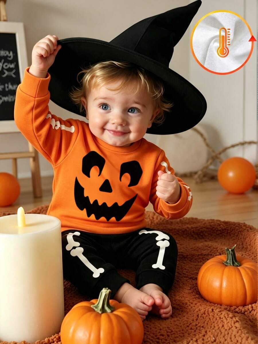 Baby Boy Halloween Pumpkin Skeleton Print Long Sleeve Sweatshirt And Pants Set Fall Winter Loose Fit Orange Black Solid Color Contrast Warm Outfit - Multicolor - View 1