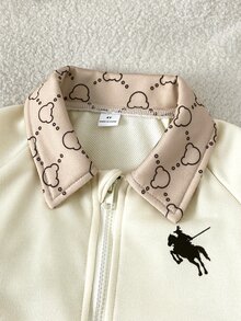 2pcs Boys' Set Old Money Style Bear All-Over Print Contrast Panel ...
