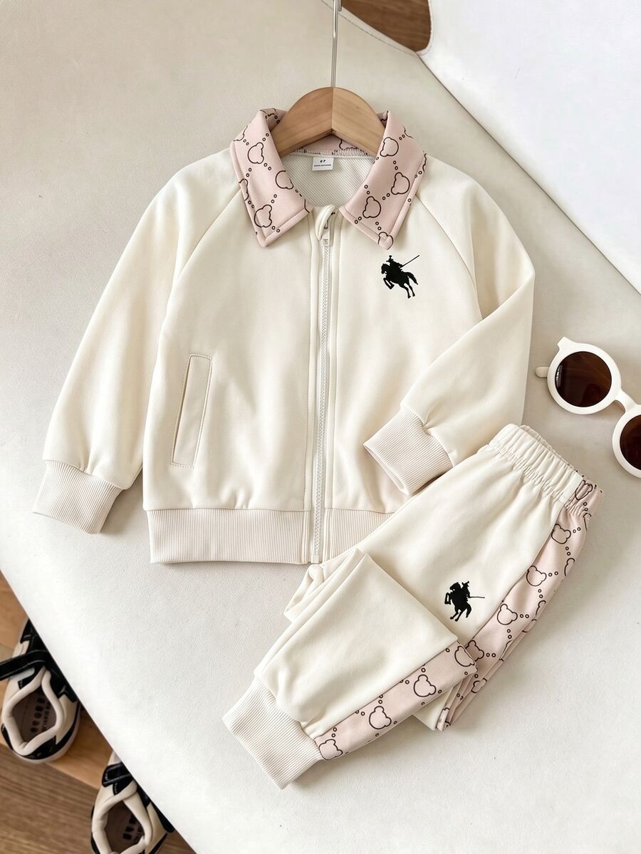 2pcs Boys' Set Old Money Style Bear All-Over Print Contrast Panel ...