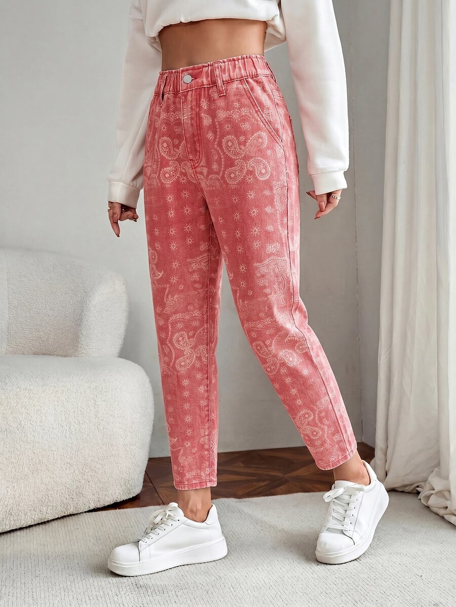 EMERY ROSE Women's Summer Paperbag Waist Straight Leg Jeans Goin Out Light Pink Boho - Red - View 1