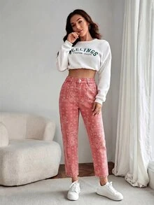 EMERY ROSE Women's Summer Paperbag Waist Straight Leg Jeans Goin Out Light Pink Boho - Red - View 3