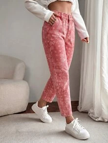 EMERY ROSE Women's Summer Paperbag Waist Straight Leg Jeans Goin Out Light Pink Boho - Red - View 4