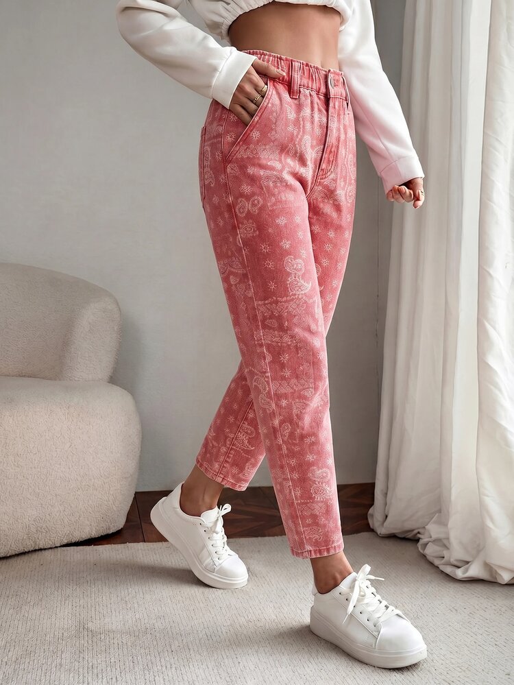 EMERY ROSE Women's Summer Paperbag Waist Straight Leg Jeans Goin Out Light Pink Boho - Red - View 4