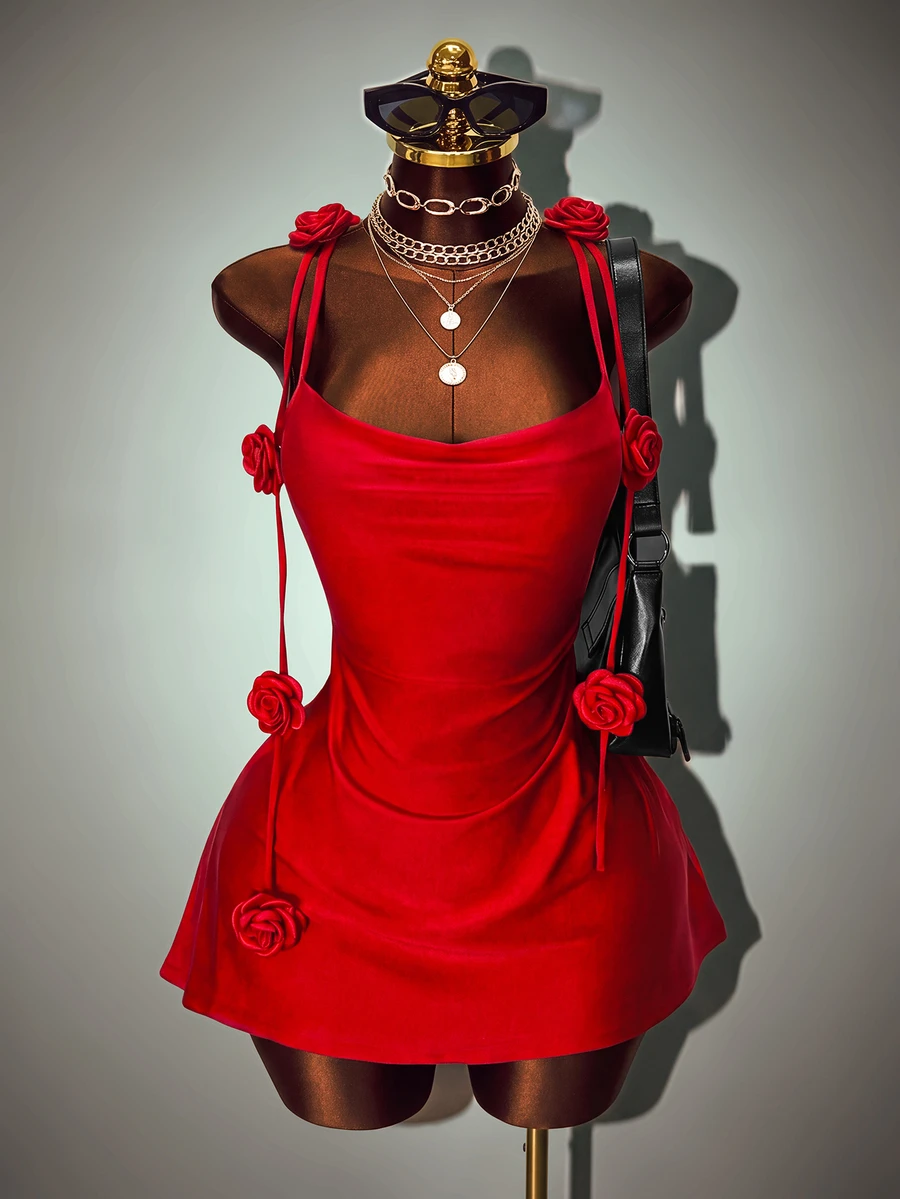 Mistrie Women's Red Plain Sexy Mini Pencil Dress With Spaghetti Straps And Knot Details - Red - View 1