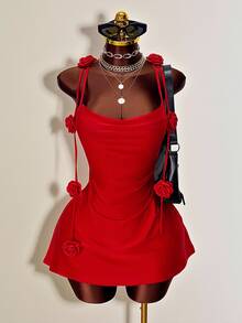 Mistrie Women's Red Plain Sexy Mini Pencil Dress With Spaghetti Straps And Knot Details - Red - View 2