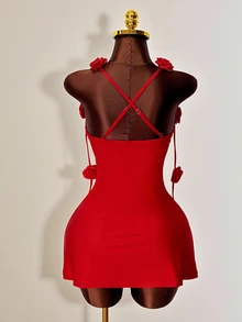 Mistrie Women's Red Plain Sexy Mini Pencil Dress With Spaghetti Straps And Knot Details - Red - View 3
