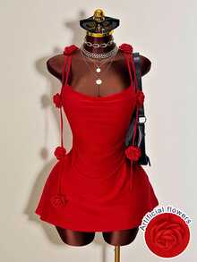 Mistrie Women's Red Plain Sexy Mini Pencil Dress With Spaghetti Straps And Knot Details - Red - View 4