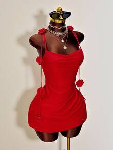 Mistrie Women's Red Plain Sexy Mini Pencil Dress With Spaghetti Straps And Knot Details - Red - View 6
