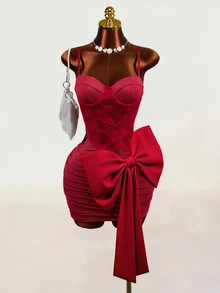 Mistrie 2026 Spring/Summer Sexy Cute Date Party Spaghetti Strap Cup Big Bow Women's Short Dress - Red - View 8
