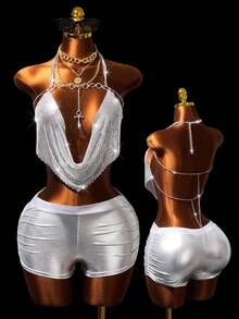Mistrie Women's Party Club Glitter Sexy Tank Top, Camisole, Silver Spaghetti Backless Top Summer - Silver - View 3