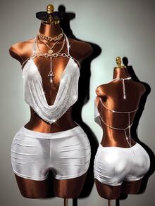 Mistrie Women's Party Club Glitter Sexy Tank Top, Camisole, Silver Spaghetti Backless Top Summer - Silver - View 2