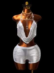 Mistrie Women's Party Club Glitter Sexy Tank Top, Camisole, Silver Spaghetti Backless Top Summer - Silver - View 6