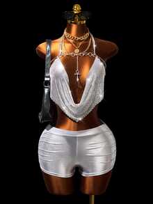 Mistrie Women's Party Club Glitter Sexy Tank Top, Camisole, Silver Spaghetti Backless Top Summer - Silver - View 9