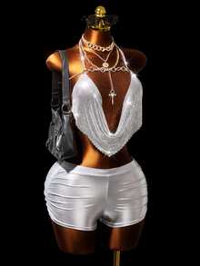 Mistrie Women's Party Club Glitter Sexy Tank Top, Camisole, Silver Spaghetti Backless Top Summer - Silver - View 5