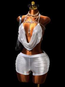 Mistrie Women's Party Club Glitter Sexy Tank Top, Camisole, Silver Spaghetti Backless Top Summer - Silver - View 7