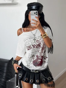 Coolane 女款秋季白色露肩短袖圖案T恤，Y2K街頭風、龐克時尚、嬉皮風，適合夜生活休閒穿搭，100%純棉 - 白色 - 查看 3