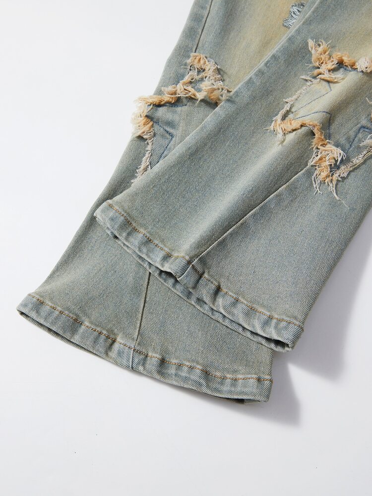 Young Girls' Distressed Baby Blue Denim Jeans With Star Embroidery, Elastic Waistband, Skinny Flare Leg Summer Autumn Fall - Medium Wash - View 5