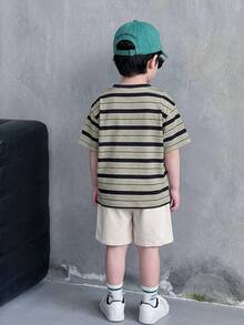 2pcs/Set Young Boys' Casual Striped Print Round Neck Short Sleeve T-Shirt And Solid Color Shorts,Comfortable Versatile Summer Outfit For School Daily - Khaki - View 3