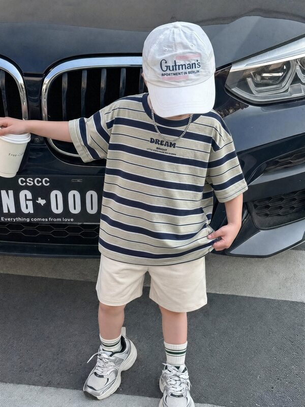 2pcs/Set Young Boys' Casual Striped Print Round Neck Short Sleeve T-Shirt And Solid Color Shorts,Comfortable Versatile Summer Outfit For School Daily