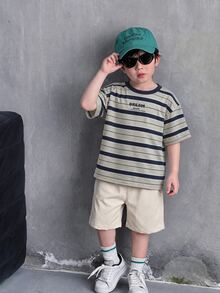 2pcs/Set Young Boys' Casual Striped Print Round Neck Short Sleeve T-Shirt And Solid Color Shorts,Comfortable Versatile Summer Outfit For School Daily - Khaki - View 4