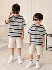 2pcs/Set Young Boys' Casual Striped Print Round Neck Short Sleeve T-Shirt And Solid Color Shorts,Comfortable Versatile Summer Outfit For School Daily - Khaki - View 6