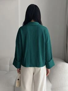 Solavon 女士纯色落肩长袖单排扣休闲衬衫 - 水鴨藍 - 查看 2