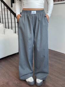 SHEIN EZwear 大码女装灰色编织字母条纹宽松阔腿裤 - 淺灰色 - 查看 4