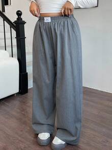 SHEIN EZwear 大码女装灰色编织字母条纹宽松阔腿裤 - 淺灰色 - 查看 3