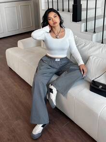 SHEIN EZwear 大码女装灰色编织字母条纹宽松阔腿裤 - 淺灰色 - 查看 7