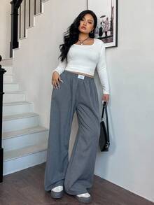 SHEIN EZwear 大码女装灰色编织字母条纹宽松阔腿裤 - 淺灰色 - 查看 6