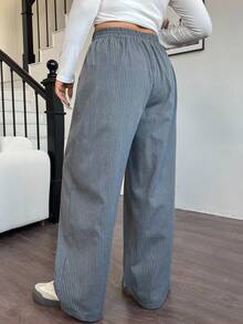 SHEIN EZwear 大码女装灰色编织字母条纹宽松阔腿裤 - 淺灰色 - 查看 2