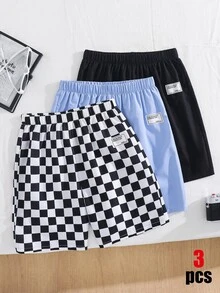 SHEIN 3件組兒童青少年男童買1送2套裝休閒大學風舒適棋盤格印花寬鬆梭織短褲、運動長褲、黑色短褲、白色短褲、棋盤格短褲、工裝褲、Y2K套裝，適合春夏季、外出、情人節、約會、旅行、度假、家庭聚會、開學季、婚禮季、晚餐、運動、生日派對 - 彩色 - 查看 7