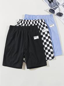 SHEIN 3件組兒童青少年男童買1送2套裝休閒大學風舒適棋盤格印花寬鬆梭織短褲、運動長褲、黑色短褲、白色短褲、棋盤格短褲、工裝褲、Y2K套裝，適合春夏季、外出、情人節、約會、旅行、度假、家庭聚會、開學季、婚禮季、晚餐、運動、生日派對 - 彩色 - 查看 3