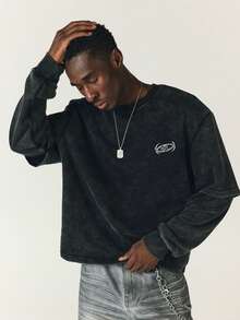 SUMWON Mens Oversized Acid Washed Crewneck Sweatshirt With Sleeve Logo Print Vintage Drop Shoulder Layered Style Fall Winter Casual Top - Black - View 6