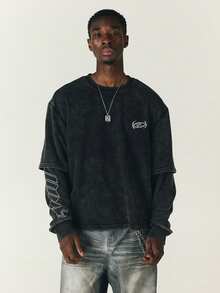 SUMWON Mens Oversized Acid Washed Crewneck Sweatshirt With Sleeve Logo Print Vintage Drop Shoulder Layered Style Fall Winter Casual Top - Black - View 7