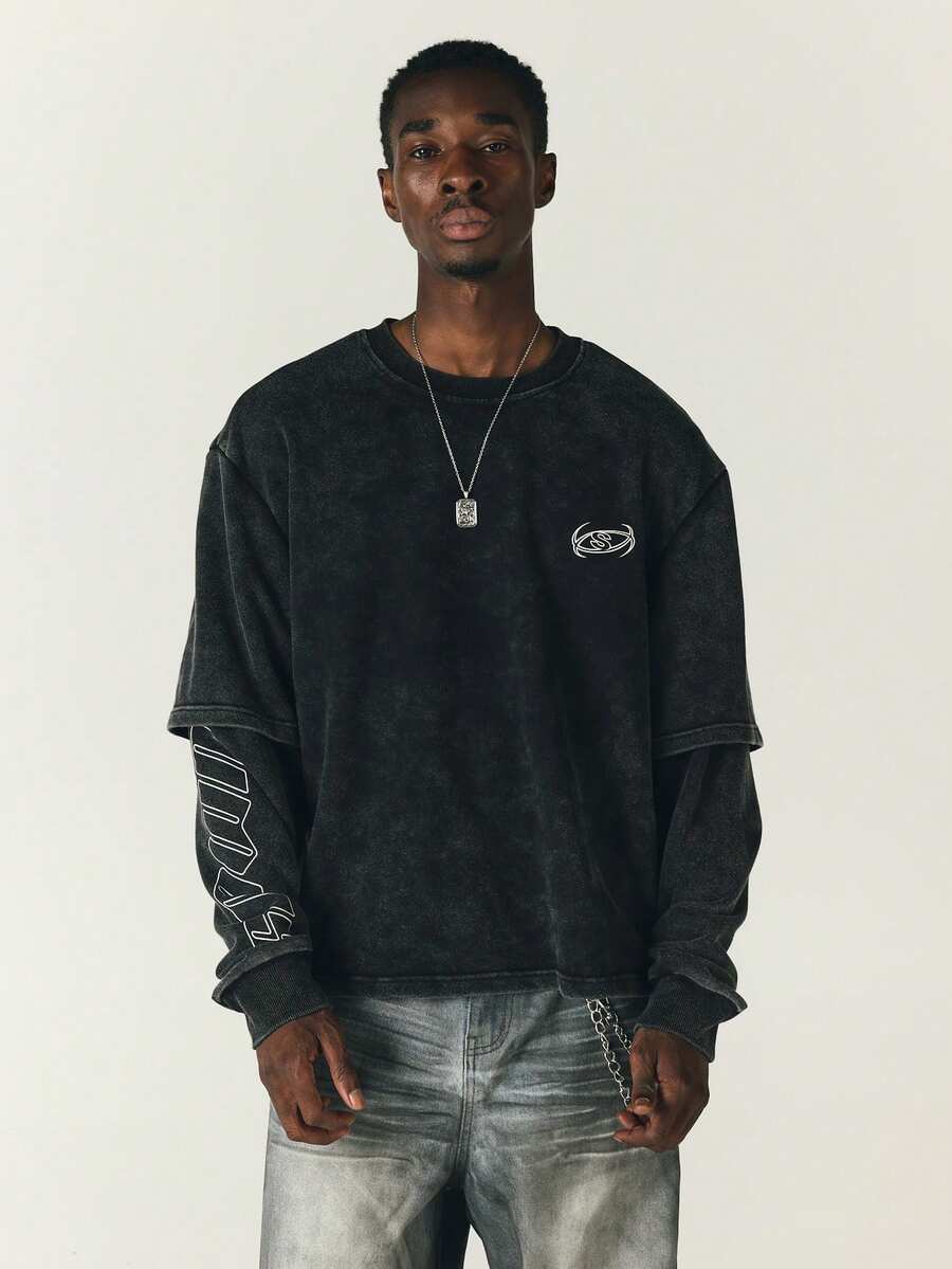 SUMWON Mens Oversized Acid Washed Crewneck Sweatshirt With Sleeve Logo Print Vintage Drop Shoulder Layered Style Fall Winter Casual Top - Black - View 1