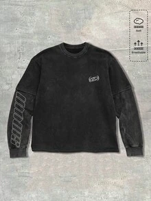 SUMWON Mens Oversized Acid Washed Crewneck Sweatshirt With Sleeve Logo Print Vintage Drop Shoulder Layered Style Fall Winter Casual Top - Black - View 1