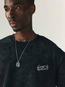 SUMWON Mens Oversized Acid Washed Crewneck Sweatshirt With Sleeve Logo Print Vintage Drop Shoulder Layered Style Fall Winter Casual Top - Black - View 5