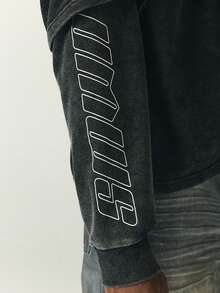 SUMWON Mens Oversized Acid Washed Crewneck Sweatshirt With Sleeve Logo Print Vintage Drop Shoulder Layered Style Fall Winter Casual Top - Black - View 2