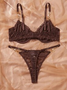 SHEIN Esselle 2pcs/Set Women's Lace Underwire Bra And Panty Set - Coffee Brown - View 2