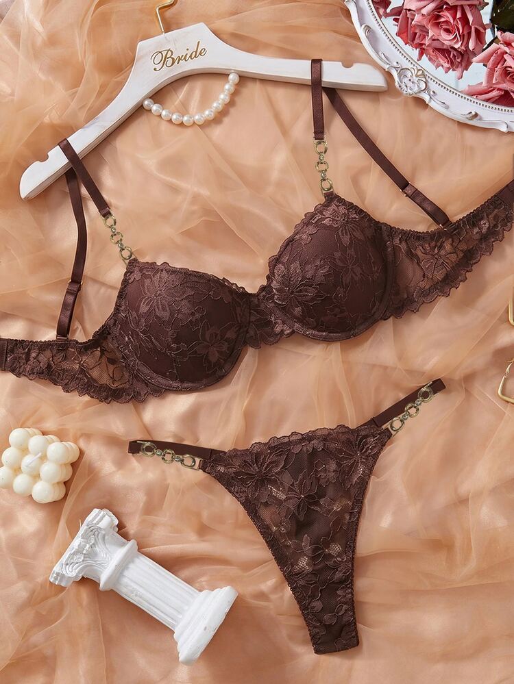 SHEIN Esselle 2pcs/Set Women's Lace Underwire Bra And Panty Set - Coffee Brown - View 8