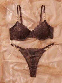 SHEIN Esselle 2pcs/Set Women's Lace Underwire Bra And Panty Set - Coffee Brown - View 3