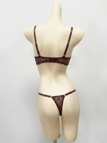 SHEIN Esselle 2pcs/Set Women's Lace Underwire Bra And Panty Set - Coffee Brown - View 6