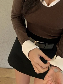 DAZY 女款拼色修身長袖 Polo T恤，優雅性感度假風春夏/秋冬上衣，適合校園與早午餐，棕色與白色波點 - 棕色 - 查看 7