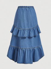 SHEIN MOD Plus Size Fashion Casual Boho Ruffled Uneven Hemline Denim Skirts Vacation Navy Blue Autumn - Blue - View 2