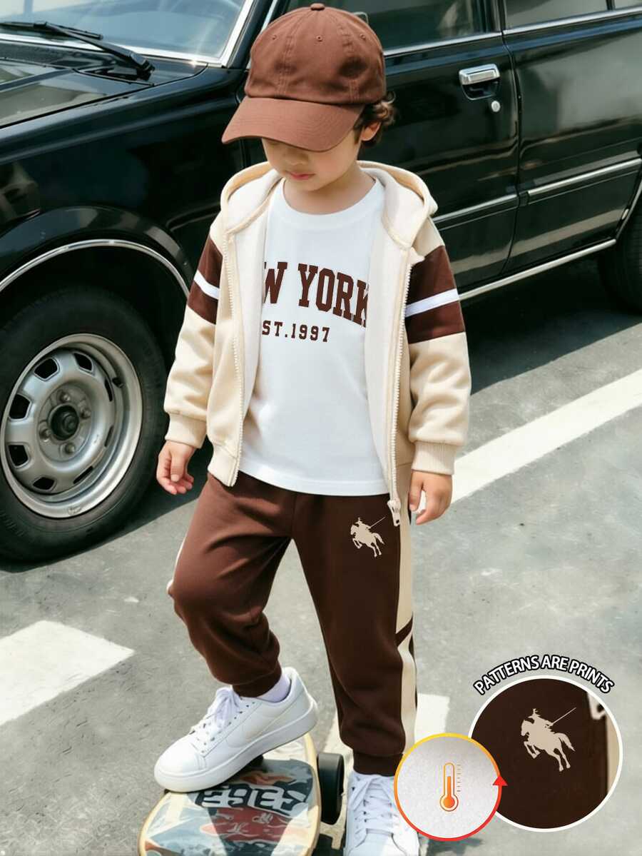 小男孩秋季連帽衛衣套裝 米色棕色拼色條紋馬匹印花拉鍊夾克外套與長褲 返校季美式風格上衣 - 彩色 - 查看 1