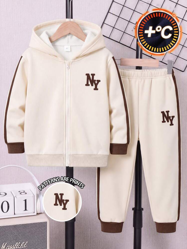 2pcs Young Boys Outerwear Sets Sporty Cream White Brown Colorblock Side Stripes Letter Print Long Sleeve Loose Fit Hooded Zip Up Jacket & Pants Back T - Multicolor - View 7
